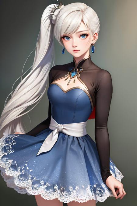 (masterpiece, best quality:1.2), <lyco:rwby_weissschnee-12:1.0>, cowboy shot, solo, 1girl, weissmistral, expressionless, closed mouth, looking at viewer, side ponytail, blue dress, long sleeves, jewelry, earrings