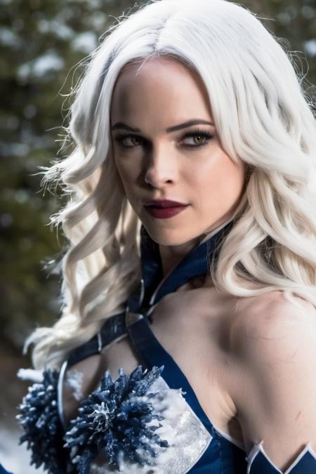 full body action photo of <lora:DPXL:1>, dressed as killer frost character from the flash tv show, (white eyes:1.3), clear white skin:1.2, dark blue|black lips:1.2, white hair, holding a icicle dagger in hand, action pose, outdoors, soft lighting, high detail