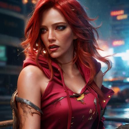 best quality, masterpiece, cinematic, realistic, cyberpunk, cyberpunk city, neon, volumetric lighting, black sky, (raining, thunderstorm), 1girl, (scarlet witch clothing, hoodie, pants, punk clothes), (flowing red hair), water reflecting off ground, (torn clothes), bubble butt, No-one19, dark blue eyes