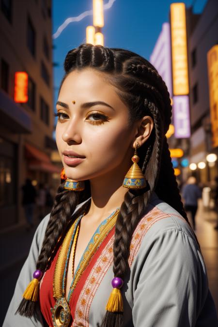 1girl, masterwork Calligraphy, colorful VRay, vibrant azulejo texture of a Golden ratio, Rustic Cyborg athletic [Hungarian:Zulu:6] ([Mballa|Fatemeh]:1.3) Vampire lord, she is from the 1700's, she mood is very light, in Nomad Djellaba, her hair is Berber and styled as Box braids, she has a [Artistic|Glittering] Peruvian Gray aviator sunglasses, Tasteful Earring, crowded flowers and city street, Thunderstorm, Panorama, cartoon art, (designed by Pendleton Ward:1.3) , (Paul Cadmus:1.0) , Sketched, Evil, Abstract Illusionism, dramatic lighting, telephoto lens, Cinestill, full of color, otherworldly, matte skin, natural skin tones, arthouse, 8K