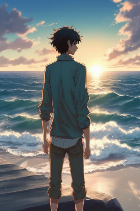 <lora:Makoto Shinkai Style:1>Makoto Shinkai Style - a scene straight out of a modern Japanese anime. A young man stands at the edge of a vast, tranquil sea. He is dressed in casual attire, his hair tousled by the sea breeze. The style should be reminiscent of popular anime like "Attack on Titan" or "My Hero Academia", but with a photorealistic touch. The lighting should be soft, with the golden hues of a setting sun casting long shadows. The colours should be vibrant, with the azure sea contrasting against the fiery sunset and the man's dark silhouette. The composition should be a wide shot, capturing the man's full figure and the expansive sea, using a high-resolution 16k camera with a 16:9 aspect ratio. The shot should be taken with a 50mm lens, with a focus on the man, creating a shallow depth of field effect with the sea as the backdrop