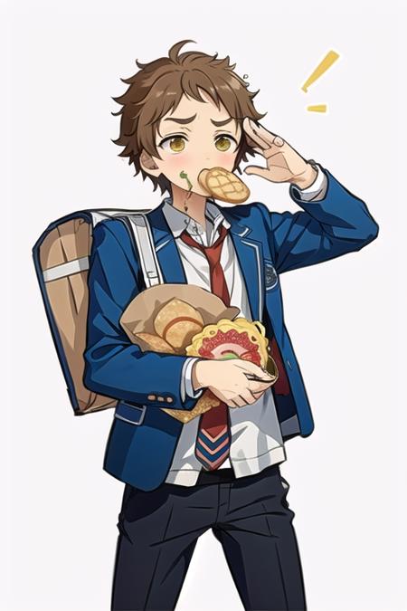 <lora:MitsuruT-09:0.7> ,tenmaes, school uniform, jacket, yellow eyes, food, necktie, bag, chibi, :3, mouth hold, blazer, red necktie, school bag, emphasis lines, salute, food in mouth, bread, toast, toast in mouth, melon bread