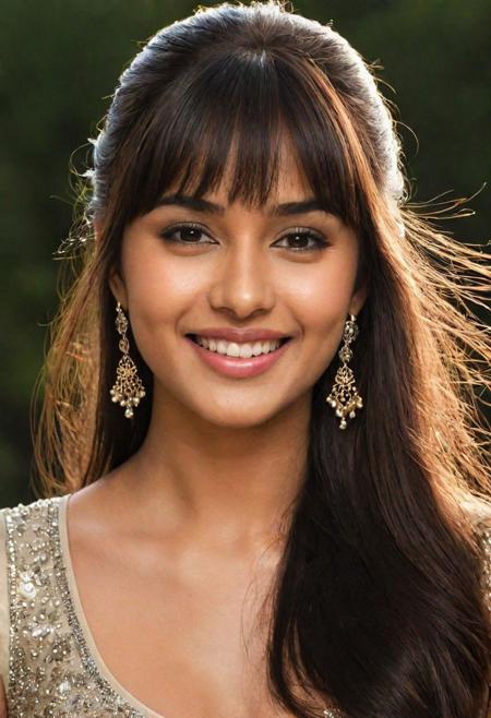 [Extreme long shot. Create a highly realistic wide angle photo of a young, slight smile, camera focused around 21 years old [Japanese:Russian:Indian:1.5:1:2] girl student. The image should be detailed, making it challenging to discern whether it's a real photograph or a digital creation. Achieve realism in her facial features, skin texture, and hair, and ensure the lighting contributes to the overall authentic appearance. Hair is long and silky, floating in air. partially visible silver round earrings. ((Dense Bangs hair style)). Dimple. Night at Diwali festival] rule of third, detailed, romantic, very inspirational, beautiful, elegant, lovely, cute, pretty, modern, epic composition, fabulous atmosphere, cinematic light, dynamic dramatic ambient, (sharp)