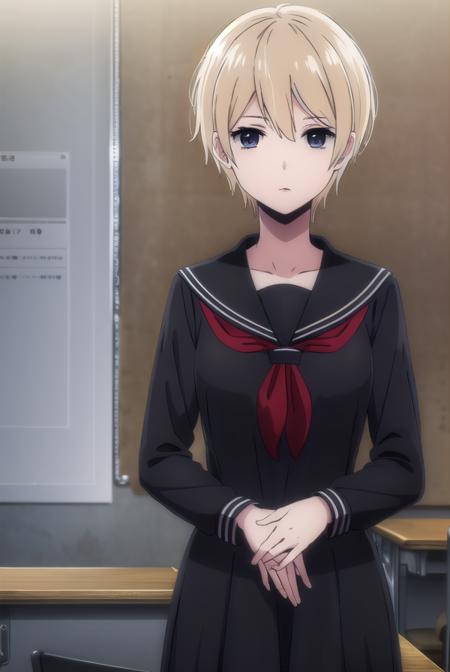 meihayakawa, <lora:mei hayakawa s1-lora-nochekaiser:1>,
mei hayakawa, short hair, bangs, blue eyes, blonde hair, hair between eyes, (black eyes:1.5),
BREAK shirt, long sleeves, jewelry, school uniform, white shirt, earrings, serafuku, sailor collar, neckerchief, red neckerchief, black sailor collar, stud earrings,
BREAK indoors, classroom,
BREAK looking at viewer, (cowboy shot:1.5),
BREAK <lyco:GoodHands-beta2:1>, (masterpiece:1.2), best quality, high resolution, unity 8k wallpaper, (illustration:0.8), (beautiful detailed eyes:1.6), extremely detailed face, perfect lighting, extremely detailed CG, (perfect hands, perfect anatomy),