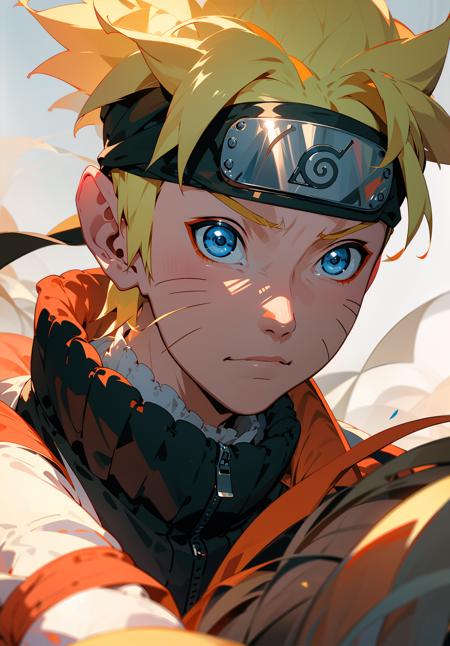 uzumaki naruto, 1boy,  <lora:Narutov2:1>, masterpiece, best quality,upper body,portrait, looking at viewer,close up,  white shirt, sunshine, novel illustration,blurry foreground,