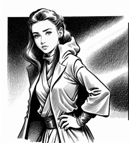 lineart <lora:migunov15:0.7>, vintage penart, master Jedi (Margot Mobbie:0.6) (Scarlett Johansson:0.3) using the force