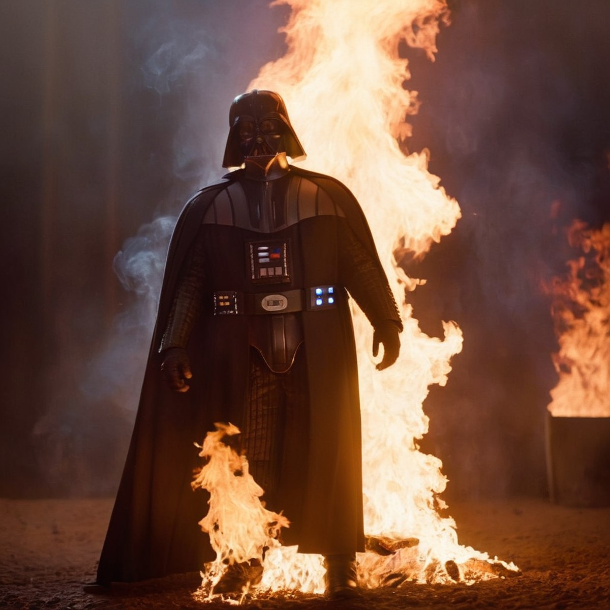 cinematic film still of  <lora:Darth Vader:1.5>
Darth Vader a human cooked meat body is set on fire with ashes and fire br...