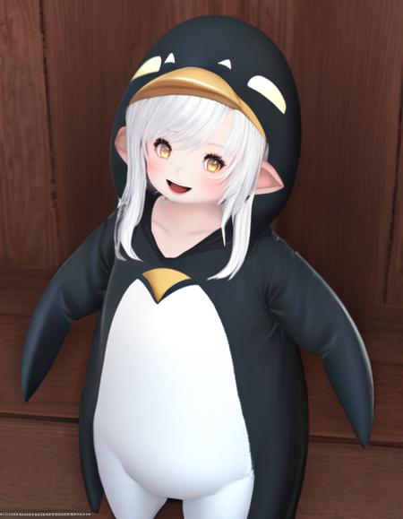 masterpiece, best quality, 1girl, white hair, golden eyes, long hair, looking at viewer, (penguin costume:1.2), <lora:lala_solo-15:1>, lalafell,  <lora:ligneClaireAnime_v1:1>, happy,