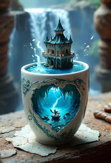 SilverPulse,tilt-shift photo of best quality double exposure complex surreal painting on cracked paper, macro, microworld,  hyperdetailed,   insanely detailed, surreal, tiny genie spirit creature, flying oasis landscape placed inside a cup on the table in room. waterfall, lotus flowers,temple palms desert filigree, table cinematic, big eyes 32k, by Rockwell, WLOP Ryniac, Craola, Disney, van Gogh, highly detailed, intricated, intricated pose, high quality, centered, perfect composition.,
<lora:Midjourney_-_SemiReal_Dreams_FLUX_LoRA:1>,<lora:hyper-detail-illustration:1>, Selective focus, miniature effect, blurred background, highly detailed, vibrant, perspective control