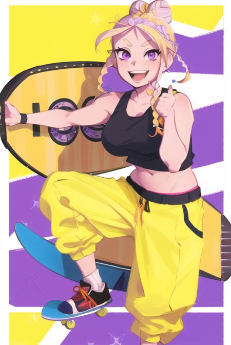 <lora:pudgeruffian:0.8>, pudgeruffian, masterpiece, best quality, 1girl, solo, skateboard, braid, tank top, purple eyes, blonde hair, pants, braided bun, hair bun, yellow tank top, braided bangs, alternate costume, open mouth, border, smile, hair ribbon, black pants,