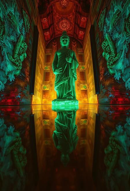 A first-person perspective image in natural earth tones and glowing bioluminescent colors shows a mysterious mirror reflecting a beautiful stone statue. The viewer transforms into the statue, illuminated by natural light effects and vibrant glows.