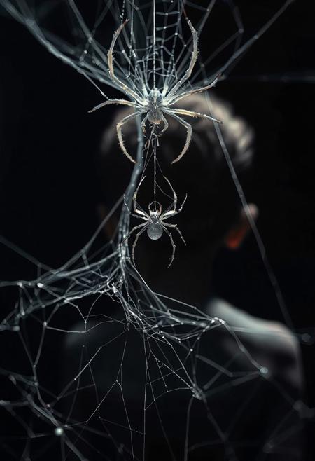 Symbolic presentation of white spider
In the dark background, a silver-white spider hangs on a broken silk web, suggesting the entanglement of the protagonist's heritage and fate.
The spider's shadow blurs into the back of a young boy, symbolizing the protagonist's demonic power and identity dilemma.
FHD, Rich in details, masterpiece.