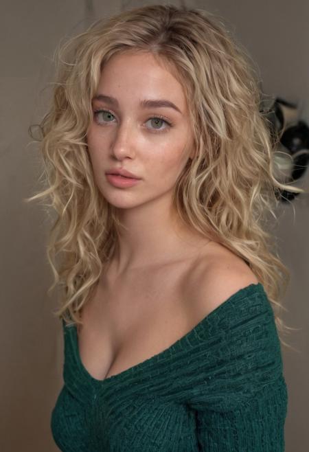 Imagine a person with a face that perfectly embodies the beauty of the Golden Ratio. Their wide eyes sparkle with alertness and symmetry, framed by a smooth forehead free of wrinkles. A subtle lift in the brow gives them a youthful appearance, while their nose is refined and proportionate thanks to various surgeries like Rhinoplasty and Septoplasty. Cheeks that are full and perky add to their overall charm, complemented by a well-defined jawline and a chin that adds balance to their features. Their blonde platinum hair cascades in bouncy curls, framing a face that is truly a work of art. Their lips are full and plump, giving them a soft and inviting smile. With a slender and elegant figure, they exude grace and confidence in every step they take. Their regal legs, long and slender, add to the overall picture of beauty and elegance that this person embodies. Blonde hair, cleavage, from the side, (insanely detailed, beautiful detailed face, masterpiece, best quality) cinematic lighting, gigantic breasts, blue jeans, dark green sweater, choker, cleavage, mascara, pouting, raised eyebrow, 1girl, rating_explicit, Expressive, sweaty, shiny skin, wet messy hair, mascara