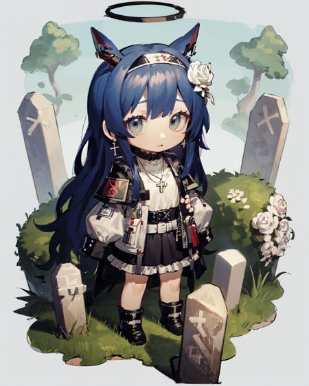 chibi, masterpiece, best quality, extremely detailed, detailed background, detailed face, 1girl, flower, solo, white flower, long hair, bouquet, halo, horns, cross, blue hair, tombstone, white rose, skirt, tree, jacket, black skirt, rose, shirt, sleeves past wrists, black jacket, earrings, hairband, white shirt, jewelry, frills, holding bouquet, border, very long hair, long sleeves, blue eyes, mostima (arknights), holding, parted lips, outdoors  