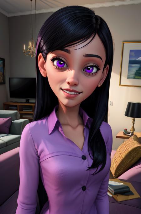 vilett,black hair,purple eyes,  long hair, 
pink shirt,   
standing,  smile, 
living room, 
(insanely detailed, beautiful detailed face,beautiful detailed eyes, masterpiece, best quality),solo,  <lora:VioletCas:0.7>