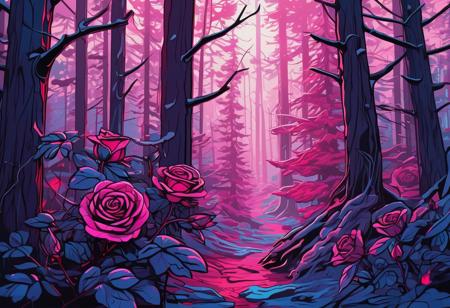 masterpiece ultra detailed vector art drawing of  roses  growing  in winter sunlighted pine forest, 3d colorful  cyberpunk style, vibrant colors, high contrast,  light blur winter background