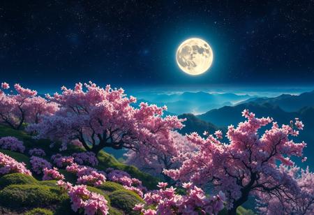 An incredibly beautiful garden of blooming sakura on the mountain slopes, illuminated by a bright moon against a dark night, a very starry sky with many bright stars, serene, ethereal atmosphere, high detail, vibrant colors, cinematic lighting, masterpiece digital painting by Claude Monet and Yoshitaka Amano, 8k resolution
