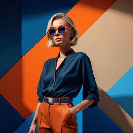 Ultra realistic color pencil  image of
a fashionable woman with short, stylish blonde hair, wearing oversized dark-brown sunglasses and an elegant  Cinch front top and loose slacks.. She stands confidently against a modern, geometric background with vibrant colors including orange, blue, and beige. The art style is sleek and contemporary, with a focus on bold lines and sharp contrasts, creating a chic and sophisticated atmosphere.
BREAK
Dark theme, dynamic lighting, (soft shadows), (soft focus), (photo realistic), uhd, 8k