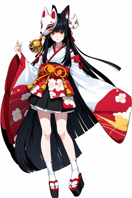 Concept art, Japanese two-dimensional style, game character design, 1girl, solo, long hair, black hair, full body, japanese clothes, very long hair, white background, tabi, mask, looking at viewer, simple background, wide sleeves, skirt, kimono, platform footwear, standing, socks, geta, bangs, floral print, sash, bell, hair ornament, detached sleeves, fox mask, mask on head, white socks, blunt bangs, obi,<lora:erciyuanV5:0.8>,