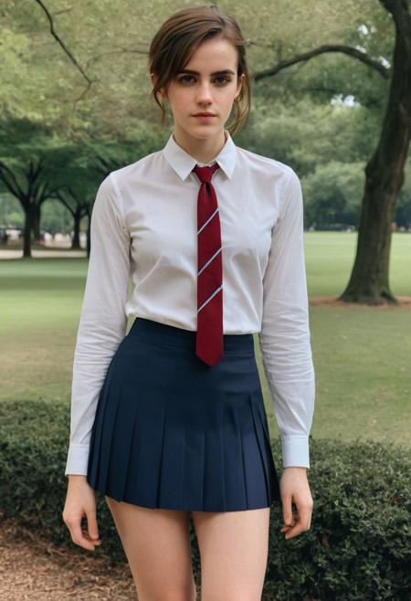 a gorgeous picture of emmaWatson,woman,detailed skin texture,masterpiece, photorealistic, light, RAW color photo,(fully in frame:1.1), (blush:0.5), (goosebumps:0.5),wearing a fitted white button-up shirt, a red tie, and a short navy blue pleated skirt that reaches mid-thigh,detailed face, detailed body,outdoors,park subtle smile,skin pores, film grain,  <lora:emmaWatsonXL:1>