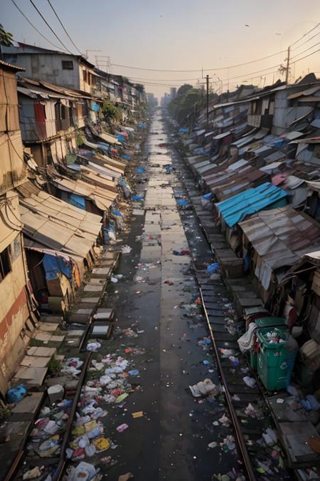 alley, slumparea full of trash at jakarta, trash can, garbage, trash, plastic bag, dirty, slum city, poverty,  dim light, epic, cityscape, dawn, clear sky, tree, railroad, cable, dramatic, river,  <lora:ARWSlumpArea:1>