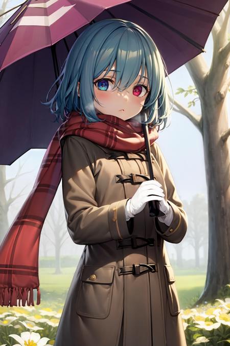 masterpiece, best quality, <lora:TataraKogasa:1>,1girl, solo, tatara kogasa, heterochromia, umbrella, gloves, scarf, blue hair, red eyes, holding, blue eyes, short hair, holding umbrella, looking at viewer, black gloves, alternate costume, coat, plaid, flower, long sleeves, bangs, standing, outdoors, plaid scarf, cowboy shot, closed mouth, brown coat, white flower, hair between eyes, winter clothes, expressionless, blush, day, black scarf, upper body, skirt, blurry, tree, contemporary