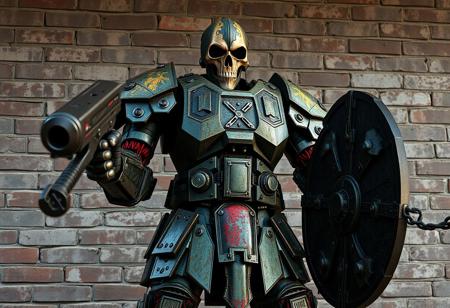 A highly detailed, gritty Junk Berserker robot stands resolute before a weathered brick wall. Plated armor with patina verdigris greens and blues, accented with scarlet and gold. Wears a skull helmet. Wields a heavy weapon in right hand, large shield in left. Cinematic lighting, volumetric light, dystopian sci-fi atmosphere. Rendered in Unreal Engine 5, Octane Render. Matte painting, splash ink illustration style. Impeccable composition, creative angle, Golden Ratio, 4k, high resolution, trending on Artstation, CGSociety.