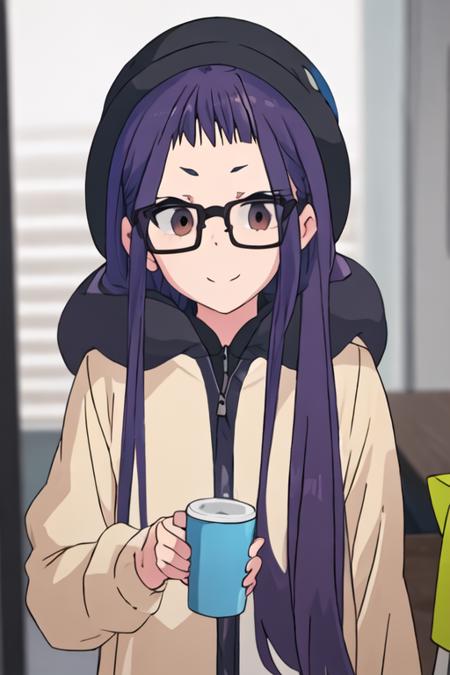 best quality, masterpiece, highres, solo, {ogaki_chiaki_yurucamp:1.15}, glasses, purple_hair, long_hair, brown_eyes, black-framed_eyewear, blue_hair, 1girl, coat, looking_at_viewer, hat, blurry_background, closed_mouth, blurry