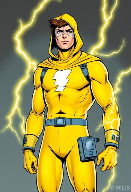 A young male superhero, wearing a simple yellow suit to showcase his electrical superpowers. He does not wear a cape. He wears a cowl over his head and has several gadgets, including a computer on his wrist.
The art style is golden age comics