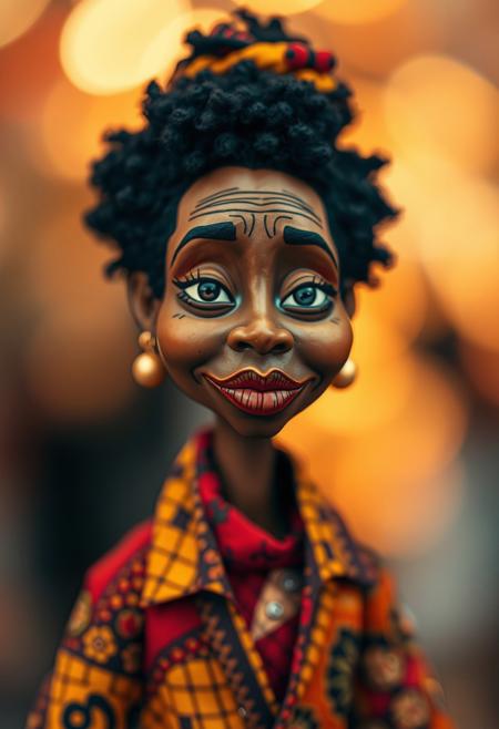 Warm blurred bokeh effect enhances a narrative art caricature figure. The bold color palette uses reds, oranges, and yellows, combined with quilted textures and storytelling through textiles. The style reflects African-American heritage, cultural identity, activism themes, and folk-art influences. The figurative composition uses dynamic patterns, expressive faces, and community-centered scenes within historical narratives and vibrant symbolism, creating a mixed-media piece.  Sharp subject focus contrasts with a soft background.