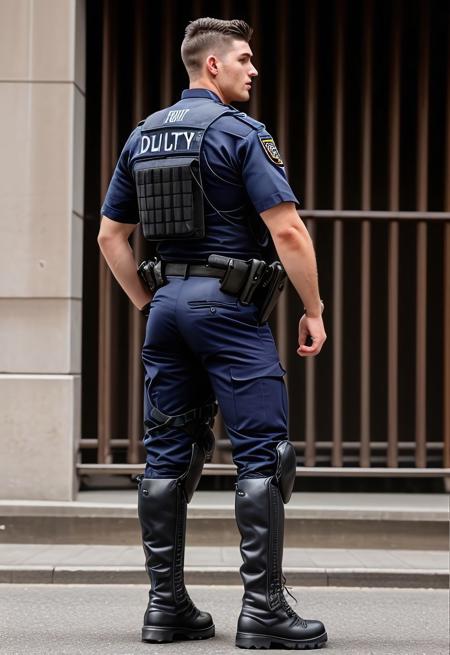 Full body frame, photo of an average 20yo handsome european man, masculine, tall, flexing right arm, police uniform, PolizeiAlpha, duty belt, tactical boots, big buttocks, from the side, dominant alpha male, realistic
