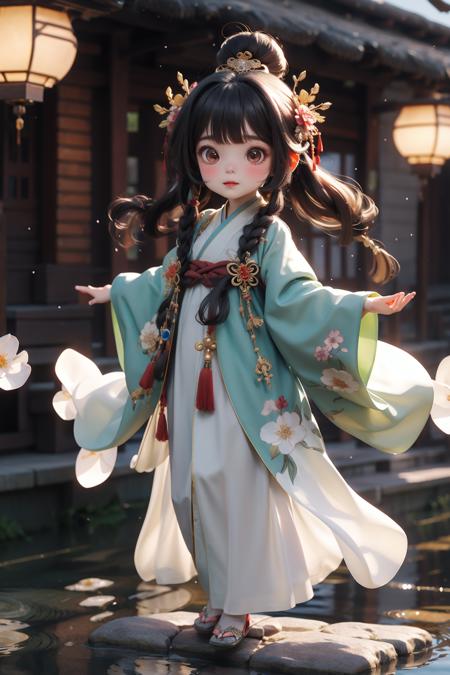 Best quality, masterpiece, 1 girl, chibi,  wearing hanfu,  looking at viewer,embroidered robe with exquisite details, gentle and demure disposition, elegant and graceful movements, silk slippers with golden embroidery,Arch bridge, slustrous black hair styled in a neat bun, graceful and precise hand movements, a humble and obedient demeanor, surrounded by the fragrance of flowers and the sound of flowing water
 <lora:Guofeng_mengwan_v1:0.8>