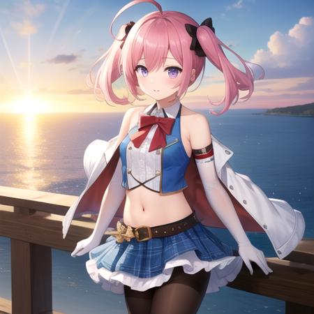 (masterpiece, best quality:1.2),illustration,8k,hd,1girl,solo,upper body,(portrait:1.2),pink_hair,blue skirt,twintails,black_pantyhose,purple_eyes,navel,white_gloves,midriff,elbow_gloves,sleeveless,aiguillette,ahoge,belt,armband,frilled_skirt,plaid,jacket,frills,bow,crop_top,chain,long_hair,<lora:Saratoga(azur)>,