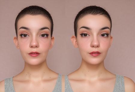 ((before/after hair makeover), same beautiful 22 yrs woman), 2 images, ((First image a shaved head buzzcut haircut)) and ((Second image wavy short French bob haircut)), ((same woman)), dark hair, soft makeup, Pastel sleeveless dress, eye contact, vivid Soft colors, award winning photo, inspired by Martin Schoeller, Film color photo, Hasselblad 500c, Kodak Portra 400, hyperrealistic, wide-angle close-up photography, three quarter body portrait, f1.4, 6:9 120film,