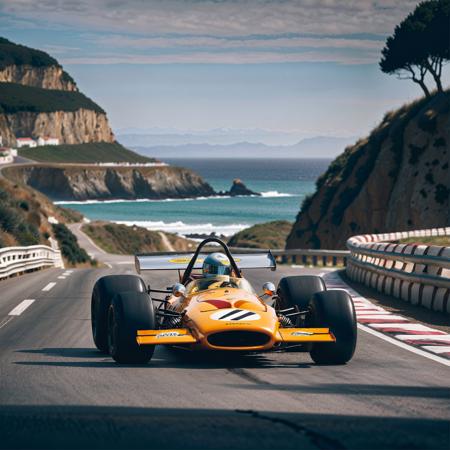 slightly from below, front view photo of a mclaren driving down a country road with the ocean in the behind, infinite horizon, 70s, with multiple beautifull 70s f1 cars in the background, (photorealistic:1.2), cinematic lighting, detailed, 4k, 8k, dslr, 50mm, Hasselblad X2D