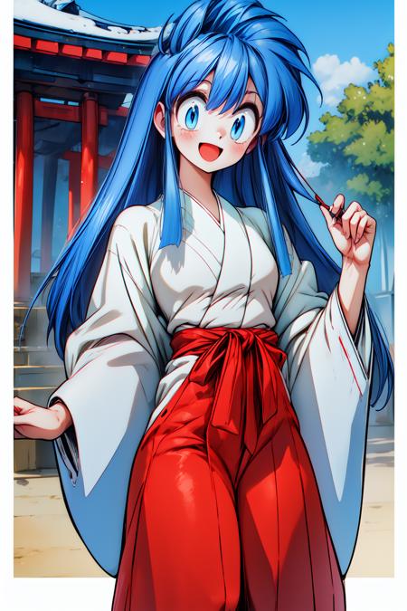 1girl, cowboy shot, shrine, smile, open mouth, 
okinu-chan, blue eyes, blue hair, sidelocks, long hair, white kimono, japanese clothes, miko, red hakama, red hakama skirt, <lora:okinuchan_lola_ver2:0.8>, best quality, masterpiece, highres, <lora:GoodHands-vanilla:1>