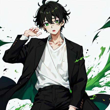 Oreki Green eyes white shirt messy black hair  black jacket black pants