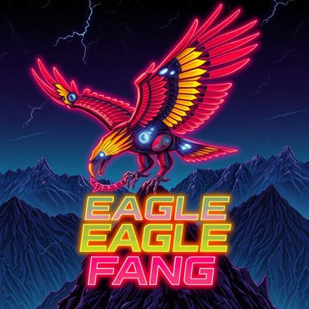 A robotic eagle flying over a mountain-top. red and yellow stripes.  snake in its talons. fanged beak.
Background mountains at night. Cosmic skyscape.  Synthwave colorscheme. Very realistic, fantasy illustration.
with the words "EAGLE FANG" emblazoned in 3D, intricate, lightning patterns, with a predominantly neon colors,
