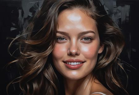 Woman, looking straight, winking smiling, symmetry, portrait by Jonathan Yeo, oil paint on canvas, abstract, brush strokes, dark black background