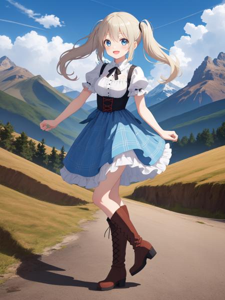 best quality, amazing intricate, cute girl, blue eyes, happy, :d, small breasts, 
platinum blond hair, twintails, dirndl, plaid dress, plaid skirt, dancing, 
full body, leather boots, 
plateau, mountains in the distance