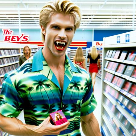 Vampyfangs1. a film still photo. 35mm. 4k. From a 2003 movie. A blond haired vampire man wearing a hawaiian shirt is showing off his fangs, he is walking around a Best Buy. Looking at a DVD case.