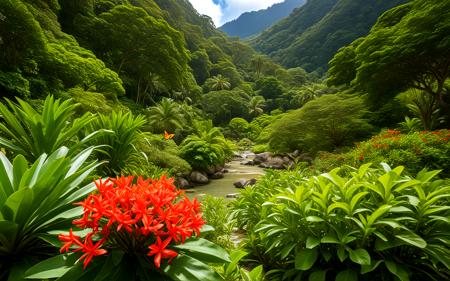 ,Calm spring afternoon in the Seychelles National Botanical Gardens, featuring colorful native plants in full bloom. Bright sunlight bathes the garden in warmth, while butterflies flutter among the flowers, creating a lively and picturesque scene of tropical beauty,, sweeping landscapes, unique perspectives, epic scale, revealing hidden beauty, showcasing vastness, immersive experience, precise compositions, expert piloting, dynamic angles, cinematic storytelling, showcasing natural wonders, aerial exploration