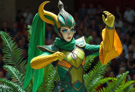 The Sage with Eyes of Blue cosplay features a meticulously crafted costume combining vibrant emerald green and golden yellow panels. The headpiece consists of a 3-foot-tall conical structure with iridescent green fabric cascading down one side, complemented by a smaller, stylized yellow horn curving from the temple. The body suit incorporates geometric patterns with contrasting panels, creating a futuristic yet organic aesthetic. In the isometric composition, the character strikes a dynamic action pose with one arm raised in a defensive stance while standing before a stylized fern plant. The Unreal Engine 5 rendering captures every brush stroke of the Octane Rendered textures, particularly the detailed eye patterns and the layered headpiece. Grammer Effect lighting emphasizes the character's blue irises while creating dramatic shadows on the Houdini-style costume folds. The scene follows the Golden Ratio for composition balance, with the crowd in the background adding context to the Performapal Dramatic Theater setting. This 4K quality image demonstrates Raphael-style character design principles with its harmonious color palette and powerful emotional impact.