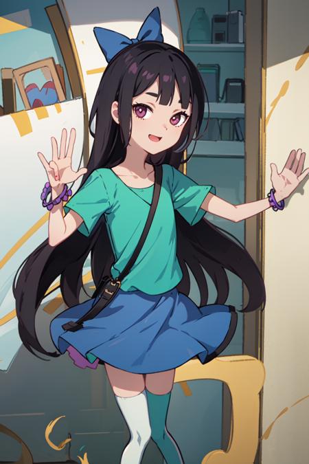 (masterpiece:1.4), (best quality:1.4), (high resolution:1.4), portrait, stacy hirano, looking at viewer, black hair, blue bow, blue skirt, green shirt, long hair, purple bracelet, (white legwear:1.4),pose, smile <lora:stacy_hirano_v1:1> ng_deepnegative_v1_75t