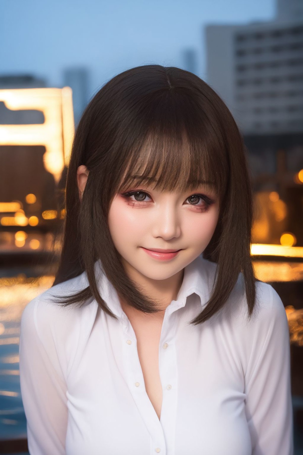 portrait, solo, 1girl, looking to the side, smile, medium breasts, dress shirt, bright, floating city <lora:cosplays_style...