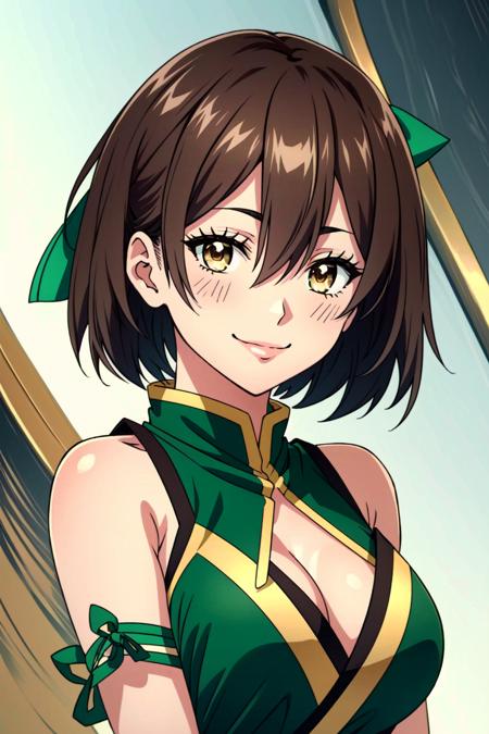 <lora:Lola Metrose:0.8> Lola Metrose, 1girl, solo, breasts, smile, brown hair, blush, cleavage, brown eyes, short hair, hair between eyes, japanese dress, japanese qipao, green dress, hair ribbon, ribbon, bangs, upper body, closed mouth, meme, green ribbon, smirk, ((Shonen Style)), (detailed background, intricate background:1.1), beautiful ((Extremely Detailed)), ((Best Quality)), ((Masterpiece)), ((4k))