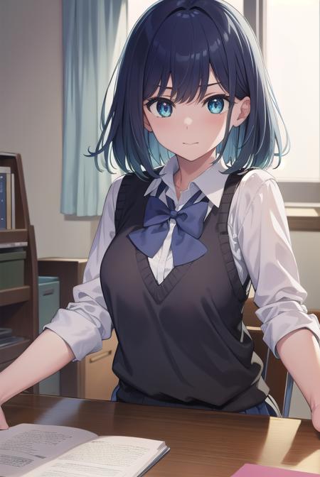 akanekurokawa, <lora:akanekurokawa-lora-nochekaiser:1>,
akane kurokawa, aqua eyes, blue hair, medium hair, sidelocks,
BREAK black sweater vest, blue bow, blue bowtie, bow, bowtie, collared shirt, long sleeves, puffy sleeves, school uniform, shirt, sweater vest, white shirt,
BREAK looking at viewer,
BREAK indoors, classroom,
BREAK <lyco:GoodHands-beta2:1>, (masterpiece:1.2), best quality, high resolution, unity 8k wallpaper, (illustration:0.8), (beautiful detailed eyes:1.6), extremely detailed face, perfect lighting, extremely detailed CG, (perfect hands, perfect anatomy),