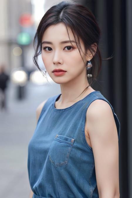 a woman, (realistic), (hyperrealism), (photorealistic), depth of field, eye makeup:0.5, (upper body:1.2), (narrow waist:0.7), looking at the viewer, casual outfit, at the city streets, <lora:httphyewon:0.45>