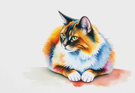 watercolor painting of a multicolored cat on a table. vibrant, beautiful, painterly, detailed, textural, artistic, expressive brushstrokes