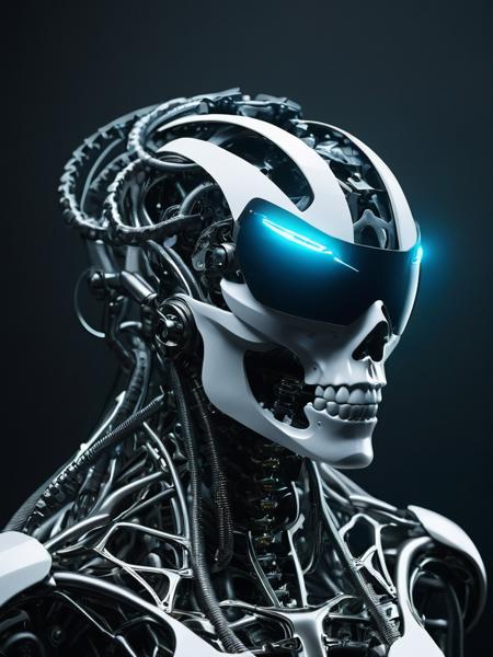 An enthralling 3D render unveils a dark fantasy mechanical neck spine system, envisioning a futuristic and sinister concept. The spine is intricately detailed, incorporating fiber optic neurons that interconnect with a polished, transparent helmet. The helmet houses electronic-optical eyes that emit a subtle, enigmatic glow, contributing to the ominous appearance. The design masterfully merges advanced technology with the macabre, eliciting a sense of enigma and captivation. This conceptual artwork prompts the viewer to contemplate the intersection of technology and dark fantasy, evoking a blend of fascination and discomfort.